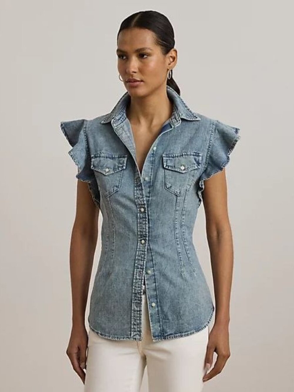 $165 Lauren Ralph Lauren Denim Flutter-Sleeve Shirt Size 2, 12